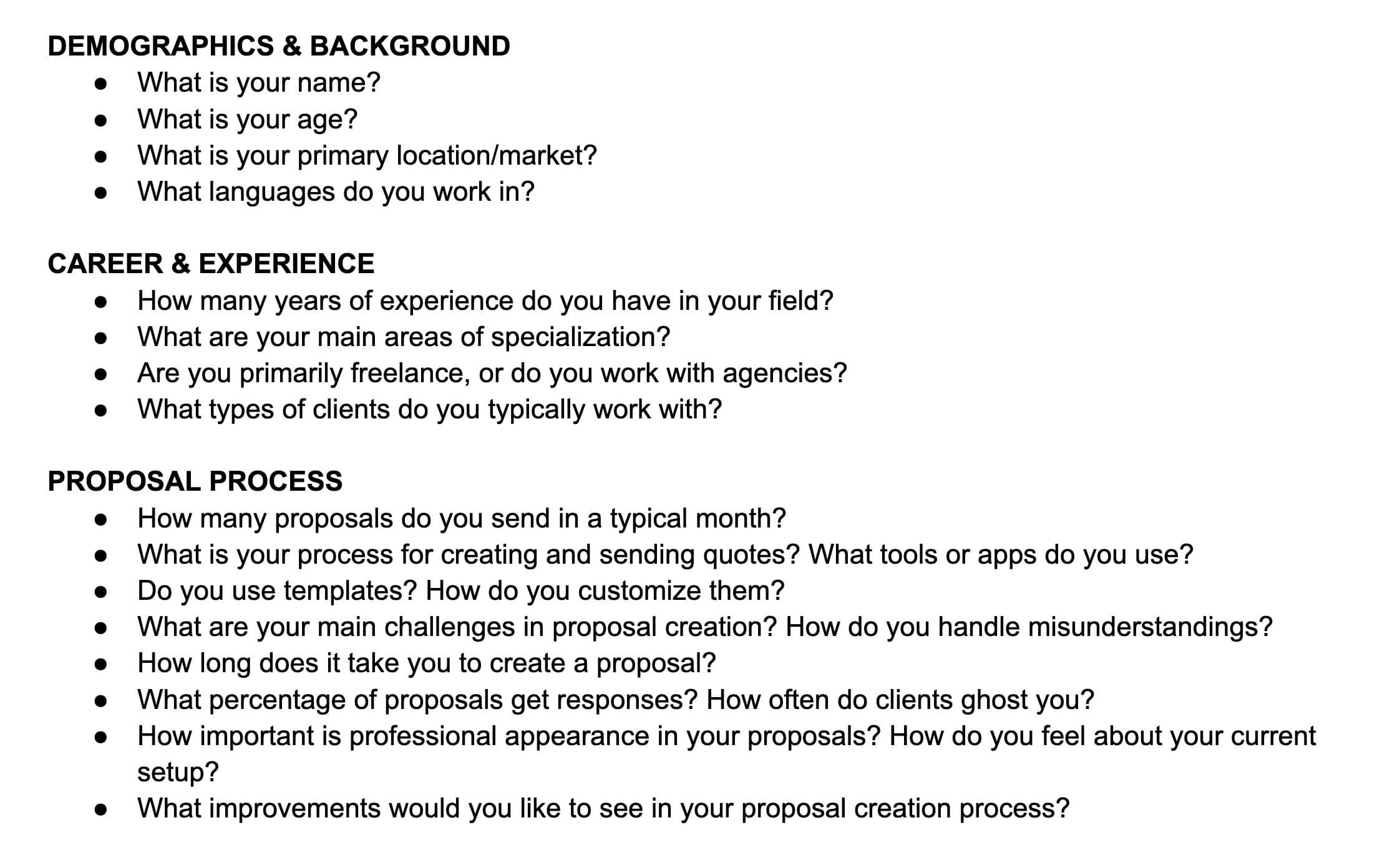 Research questionnaire used during interviews
